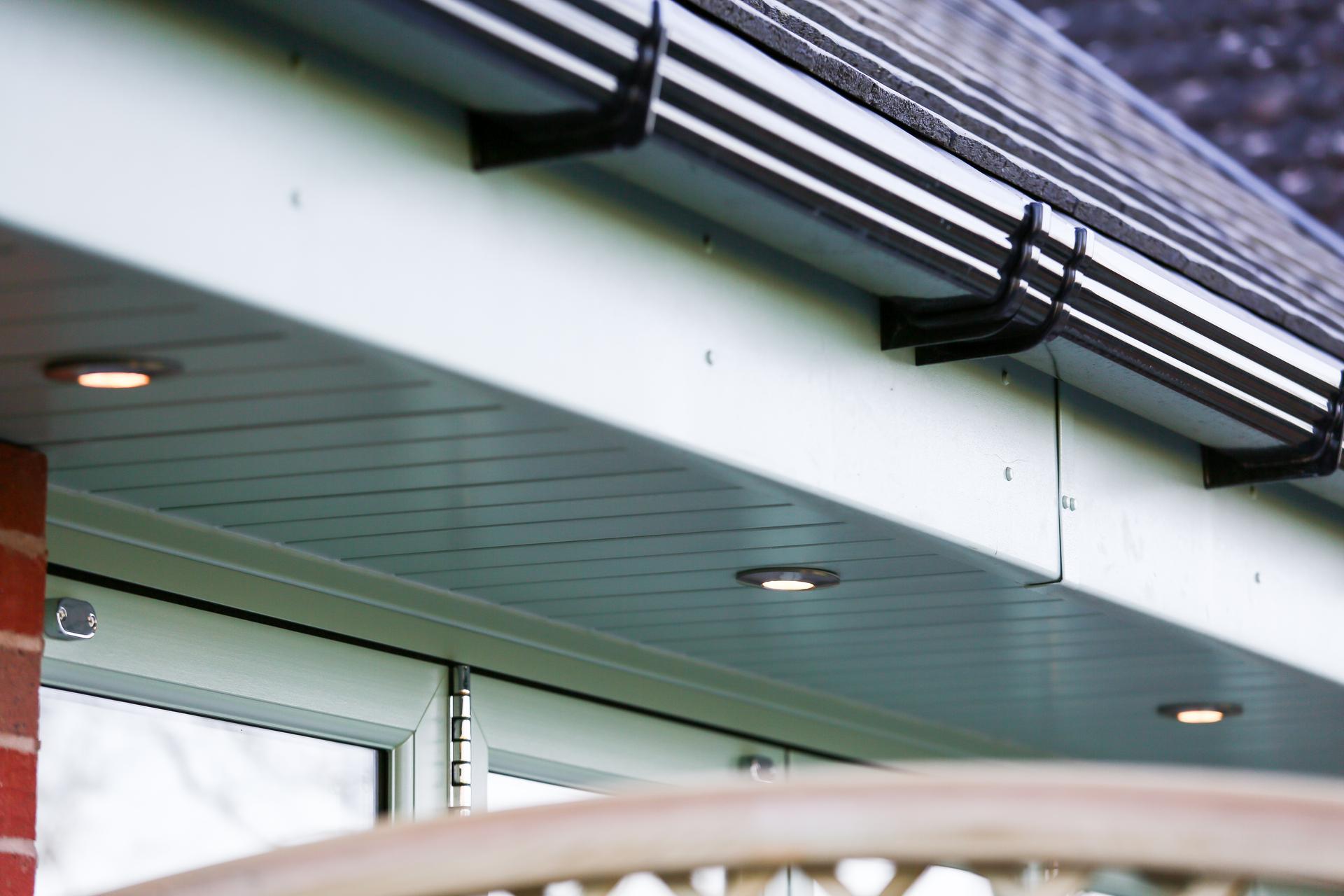 Close-up of new fascia boards and soffits on a house