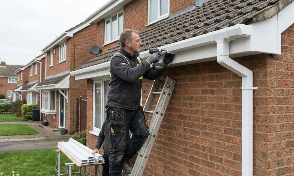 Tradesman installing new gutter system