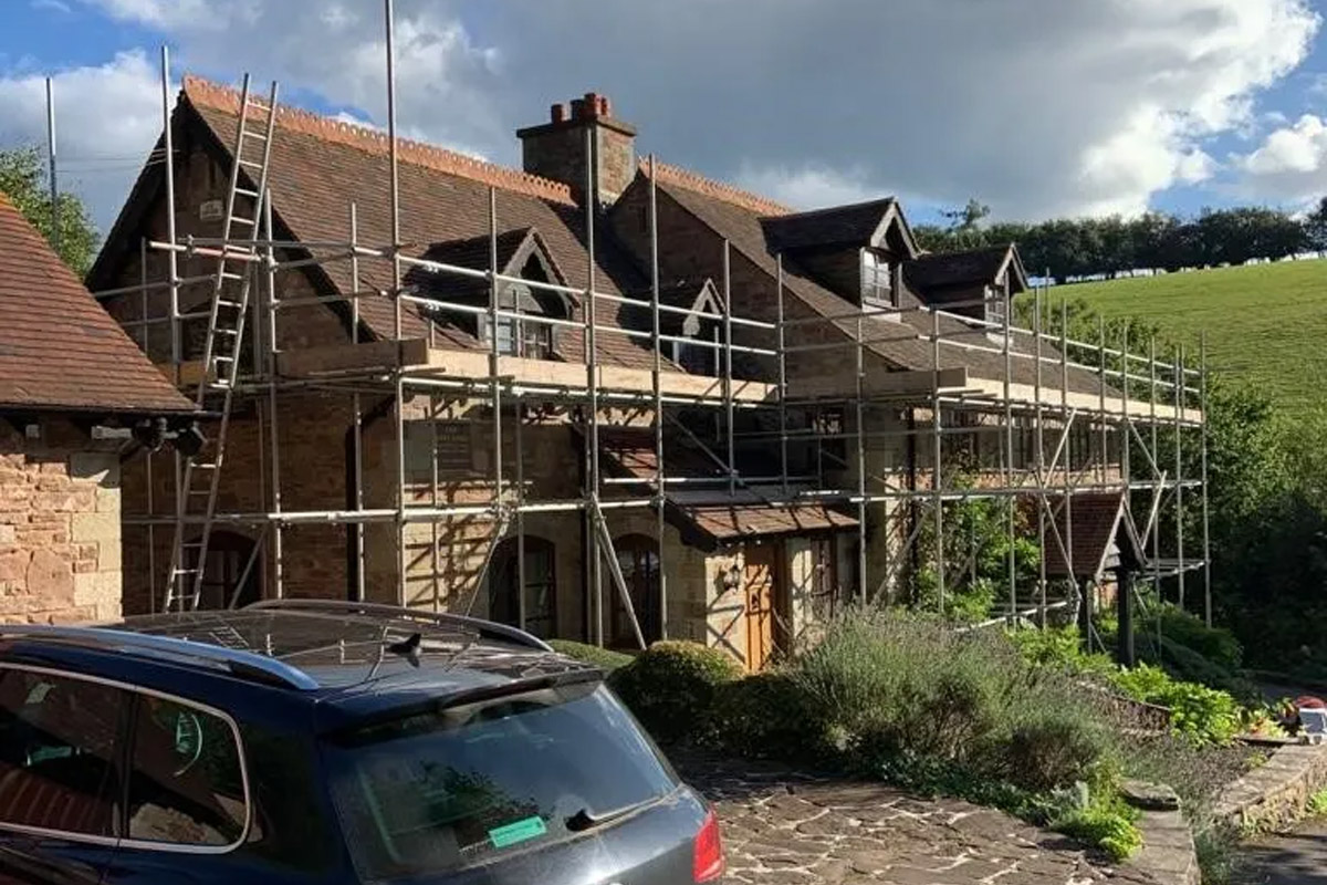 Roof scaffolding on a house during repair work